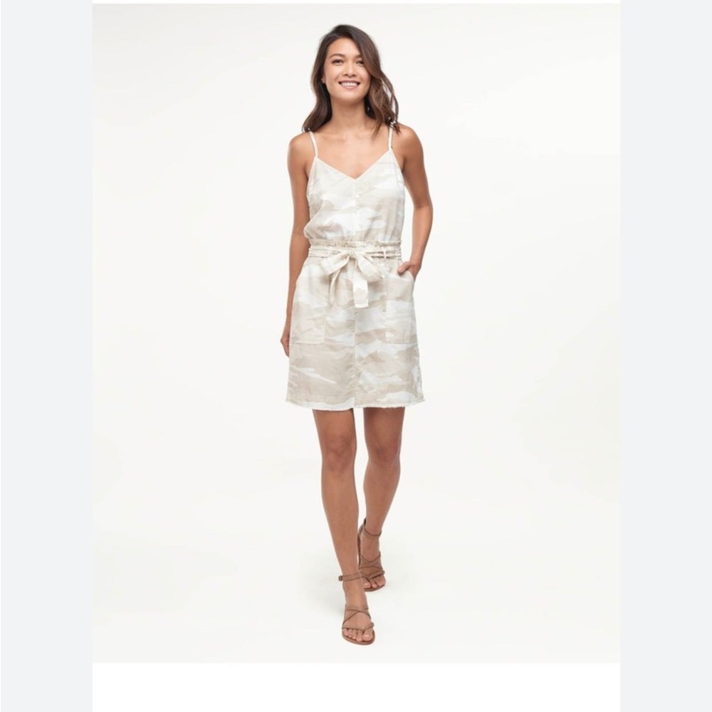Splendid Tan White Camo Linen Blend Sleeveless Fray Hem Mini Dress Small